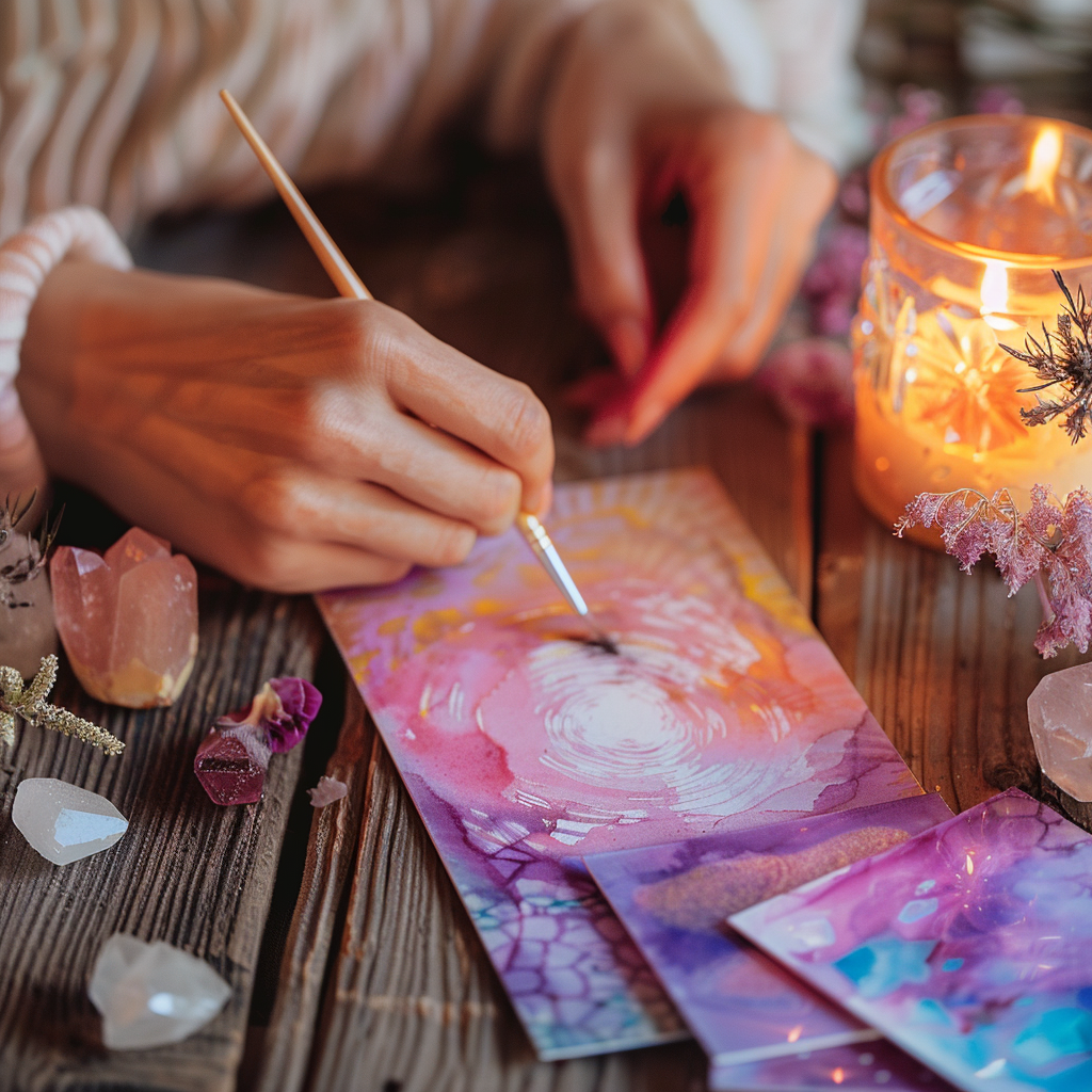 Hands painting a pink and purple watercolor oracle card with a fine brush, surrounded by crystals and a candle