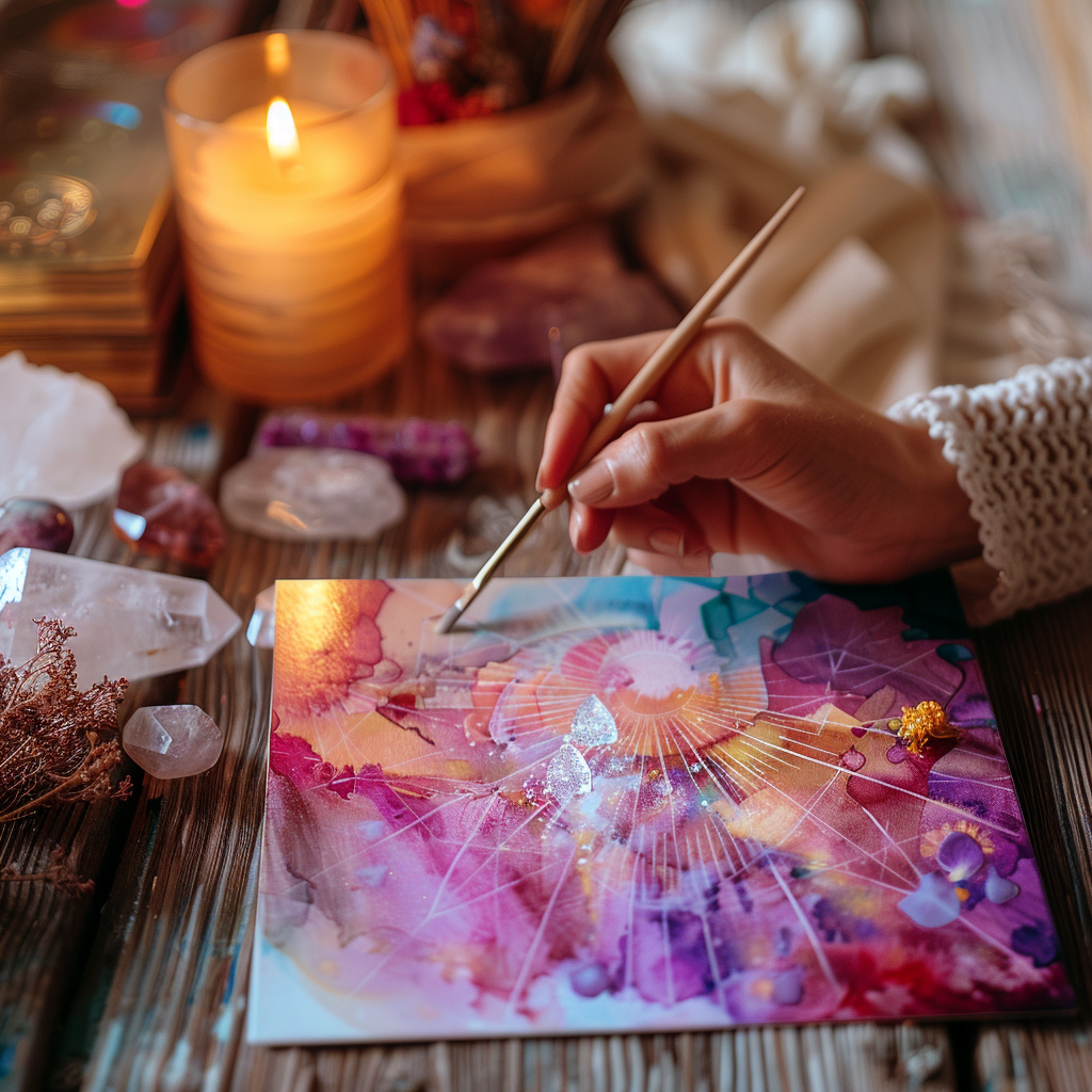 A hand holding a brush over a finished radiant sunburst oracle card, with a card deck, crystals and a candle