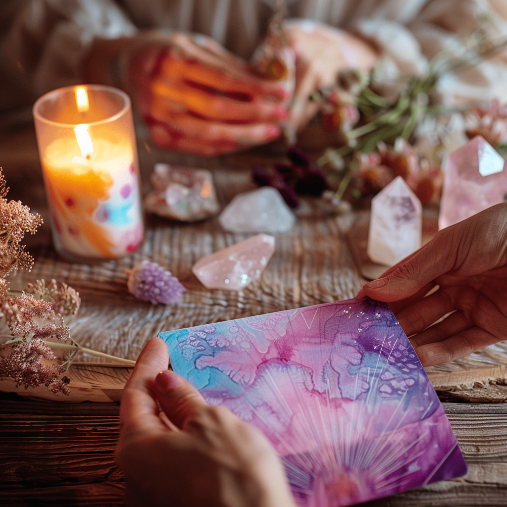 Two people's hands meeting over a pink and blue oracle card across a candlelit table with crystals